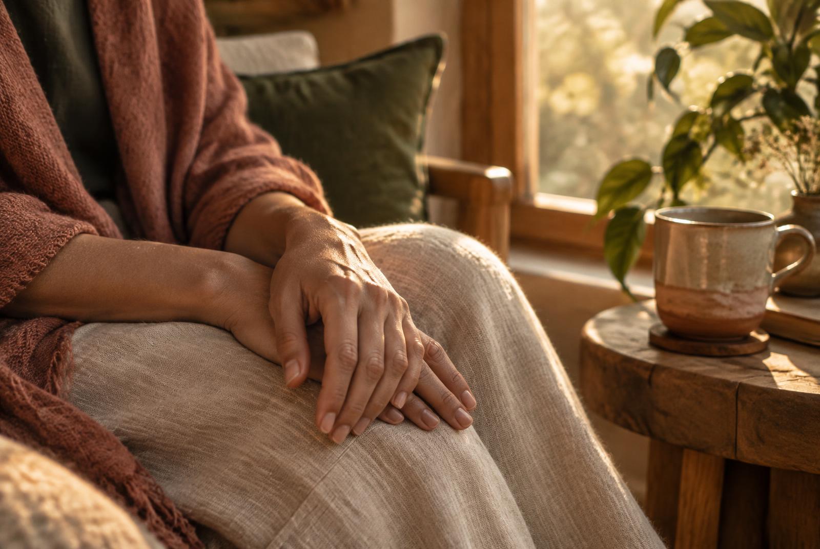 A quiet moment of grounded presence in warm light