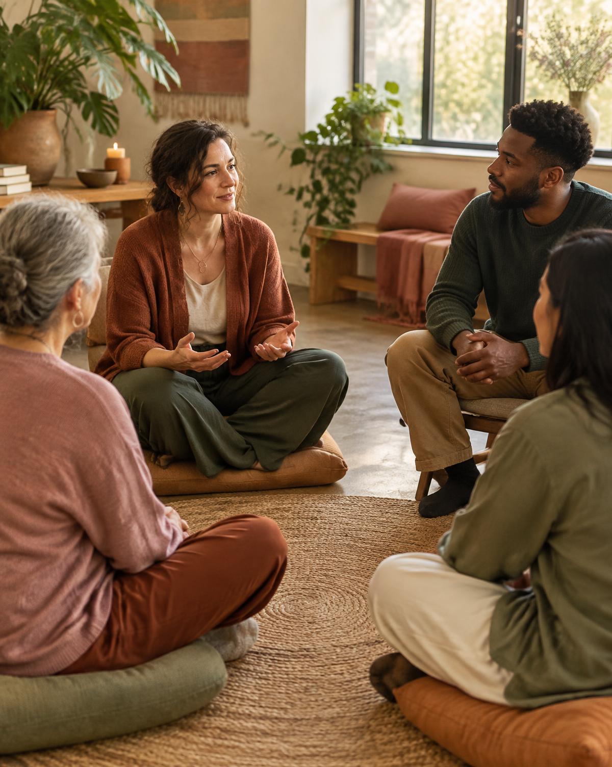 A small group engaged in guided experiential therapy