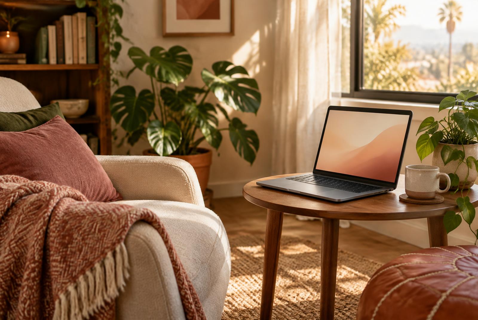 A calm, sunlit space prepared for online therapy